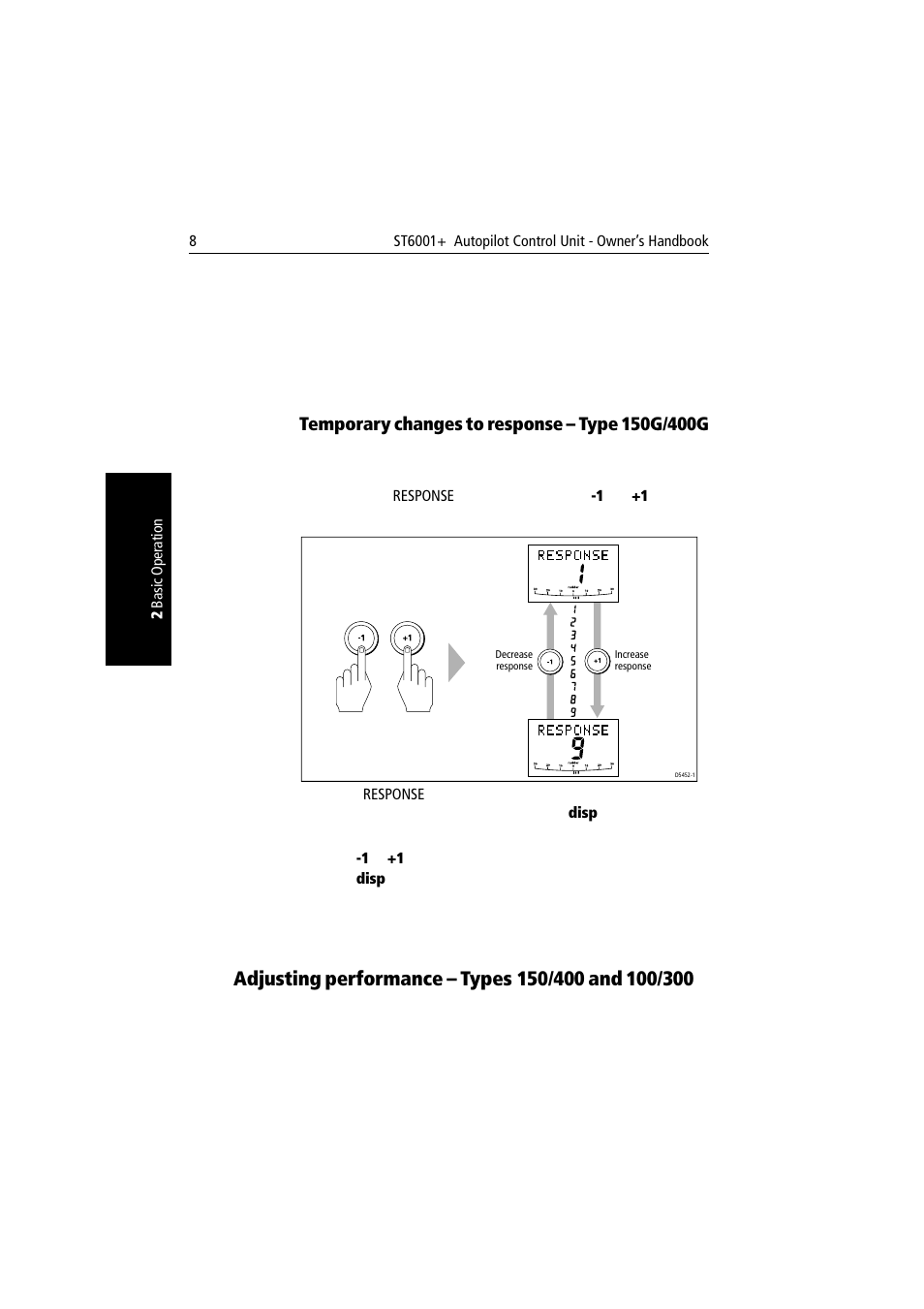 Temporary changes to response – type 150g/400g, Adjusting performance – types150/400 and 100/300, Adjusting performance – types 150/400 and 100/300 | Raymarine autopilot User Manual | Page 21 / 137