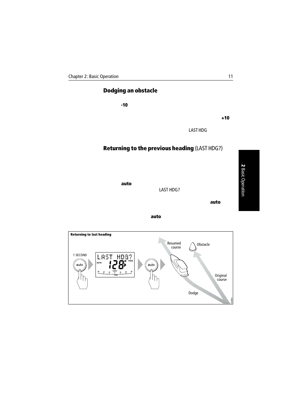 Dodging an obstacle, Returning to the previous heading (last hdg?) | Raymarine autopilot User Manual | Page 24 / 137
