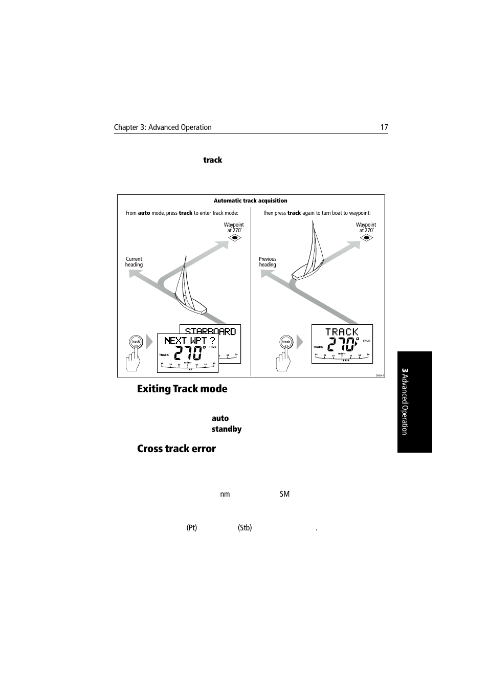 Exiting track mode, Cross track error, Exiting track mode cross track error | Raymarine autopilot User Manual | Page 30 / 137