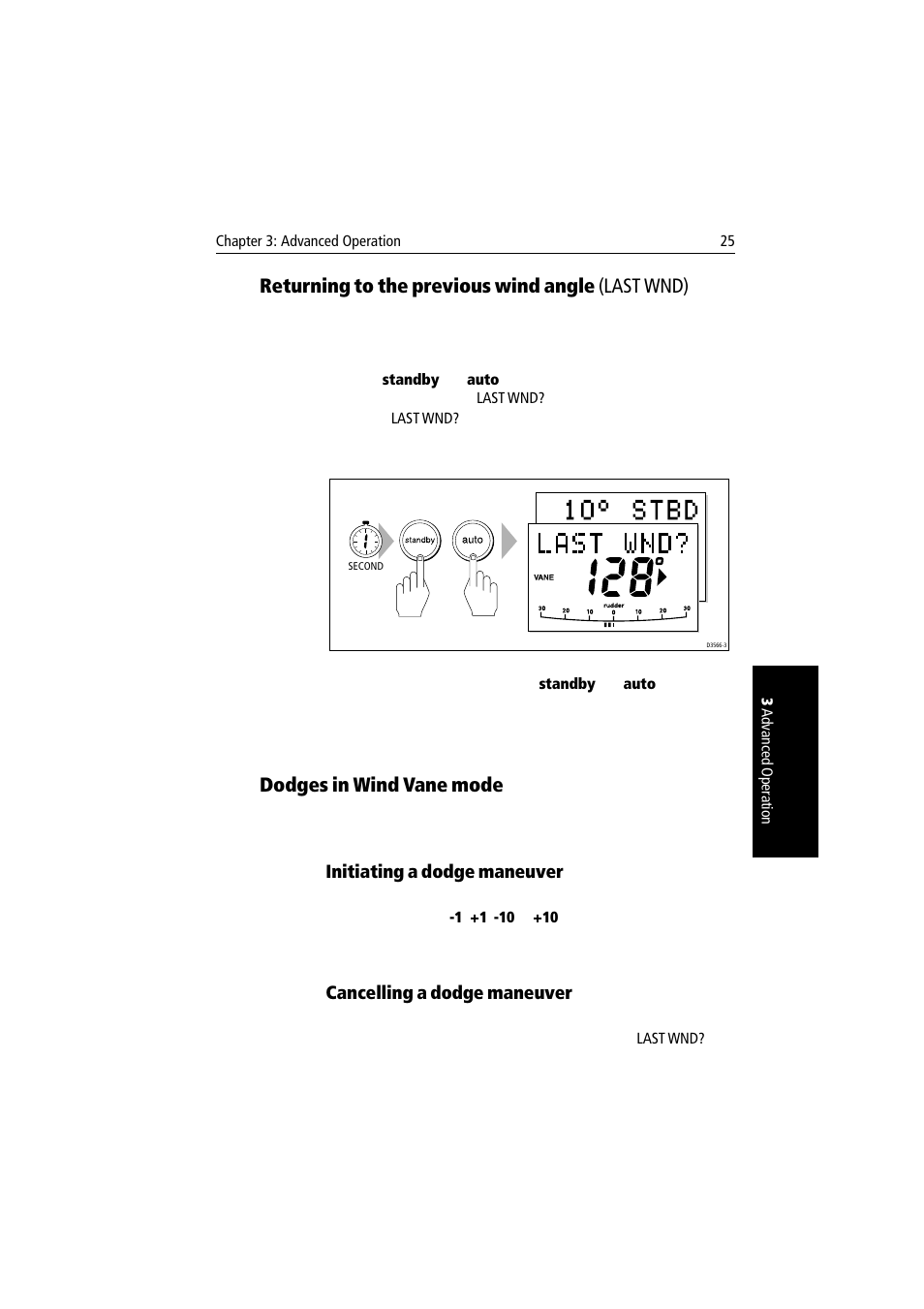 Returning to the previous wind angle (last wnd), Dodges in wind vane mode, Initiating a dodge maneuver | Cancelling a dodge maneuver | Raymarine autopilot User Manual | Page 38 / 137