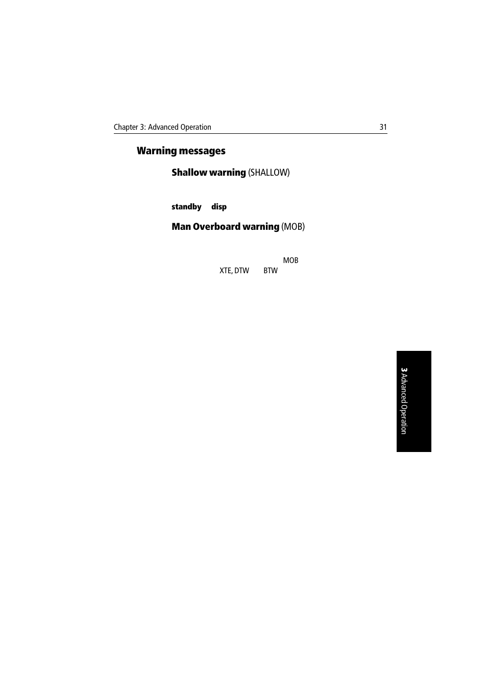 Warning messages, Shallow warning (shallow), Man overboard warning (mob) | Raymarine autopilot User Manual | Page 44 / 137