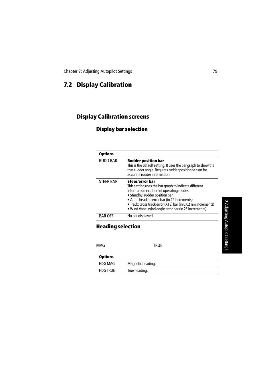 2 display calibration, Display calibration screens, Display bar selection | Heading selection, Display calibration | Raymarine autopilot User Manual | Page 92 / 137