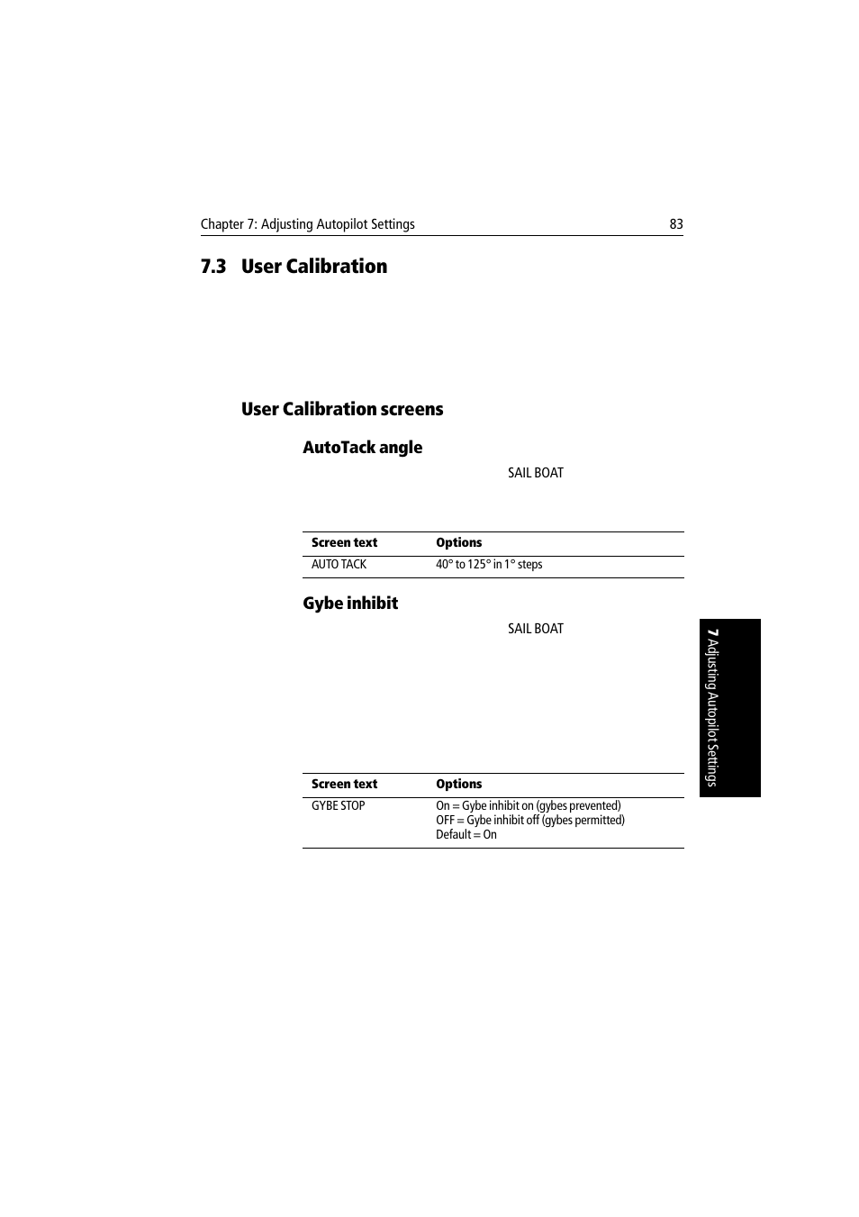 3 user calibration, User calibration screens, Autotack angle | Gybe inhibit, User calibration | Raymarine autopilot User Manual | Page 96 / 137