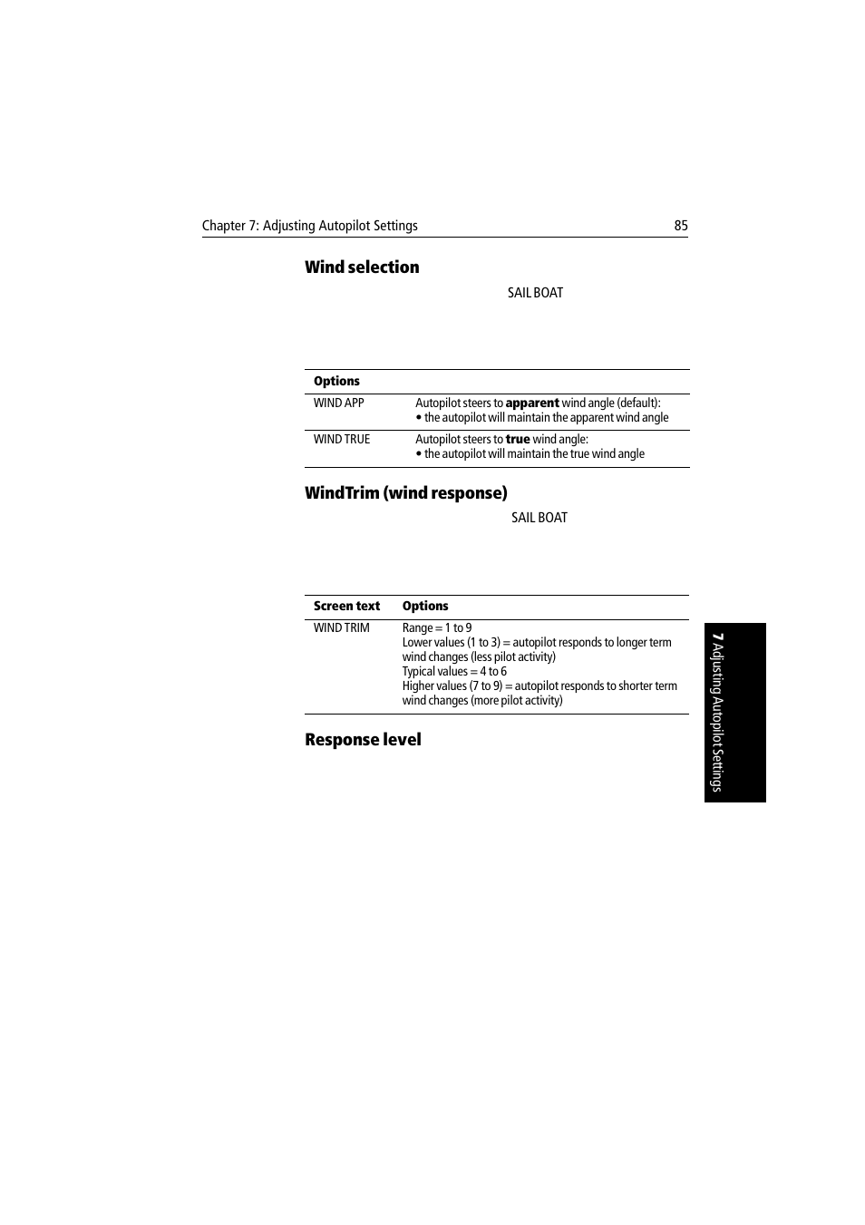 Wind selection, Windtrim (wind response), Response level | Raymarine autopilot User Manual | Page 98 / 137