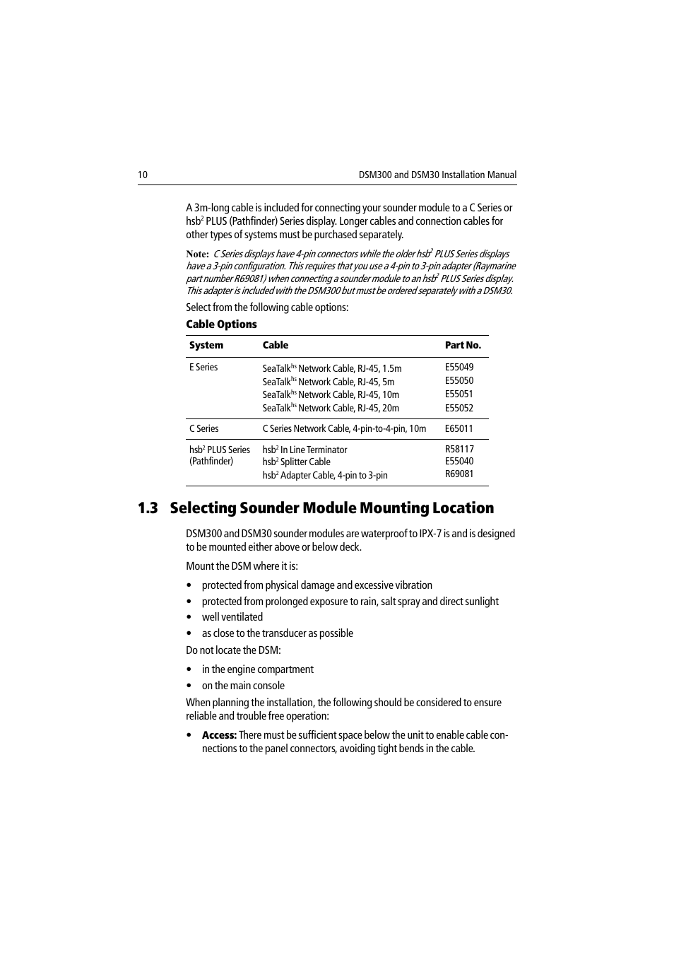 3 selecting sounder module mounting location, Cable options | Raymarine DSM30 User Manual | Page 10 / 34