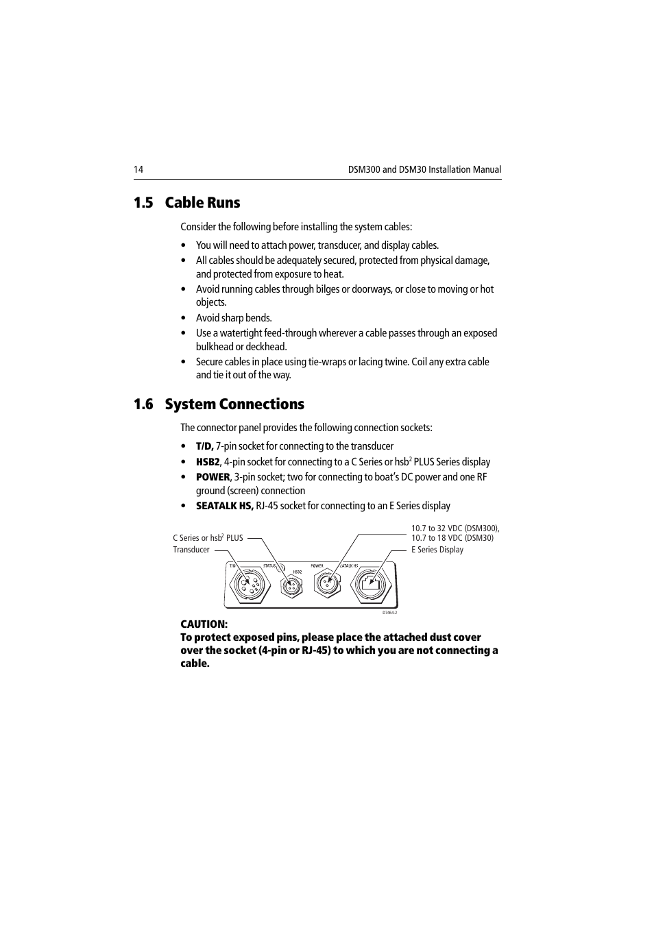 5 cable runs, 6 system connections, 5 cable runs 1.6 system connections | Raymarine DSM30 User Manual | Page 14 / 34