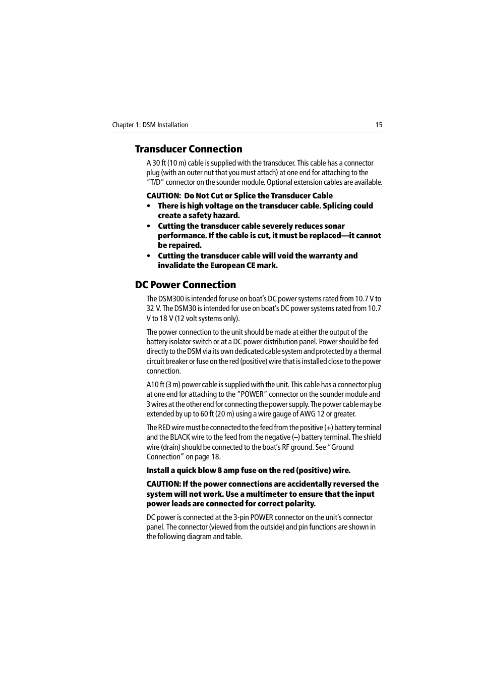 Transducer connection, Dc power connection, Transducer connection dc power connection | Raymarine DSM30 User Manual | Page 15 / 34