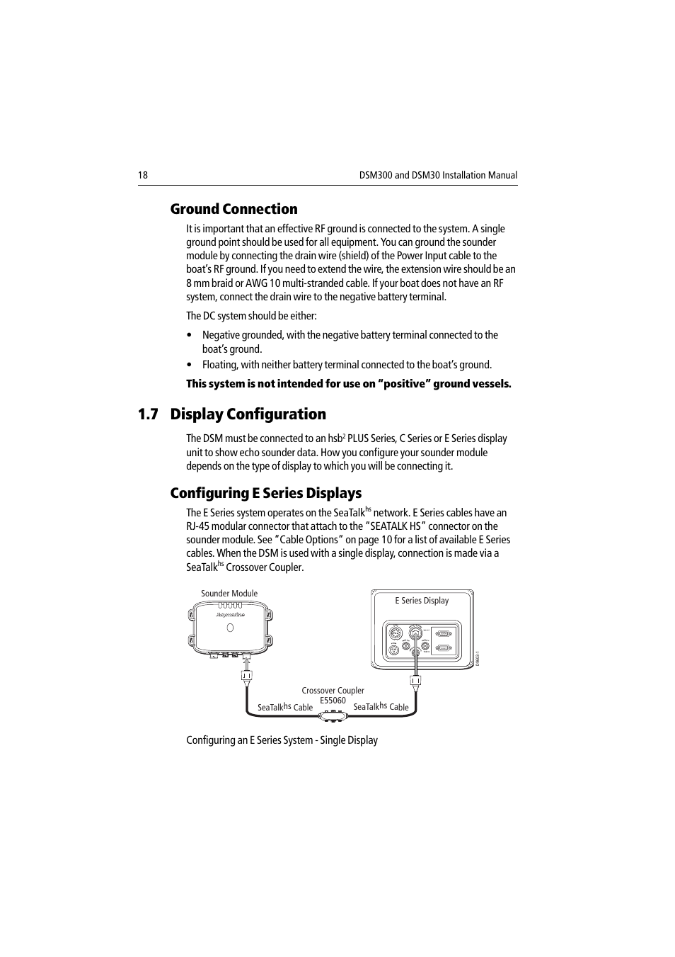 Ground connection, 7 display configuration, Configuring e series displays | Raymarine DSM30 User Manual | Page 18 / 34