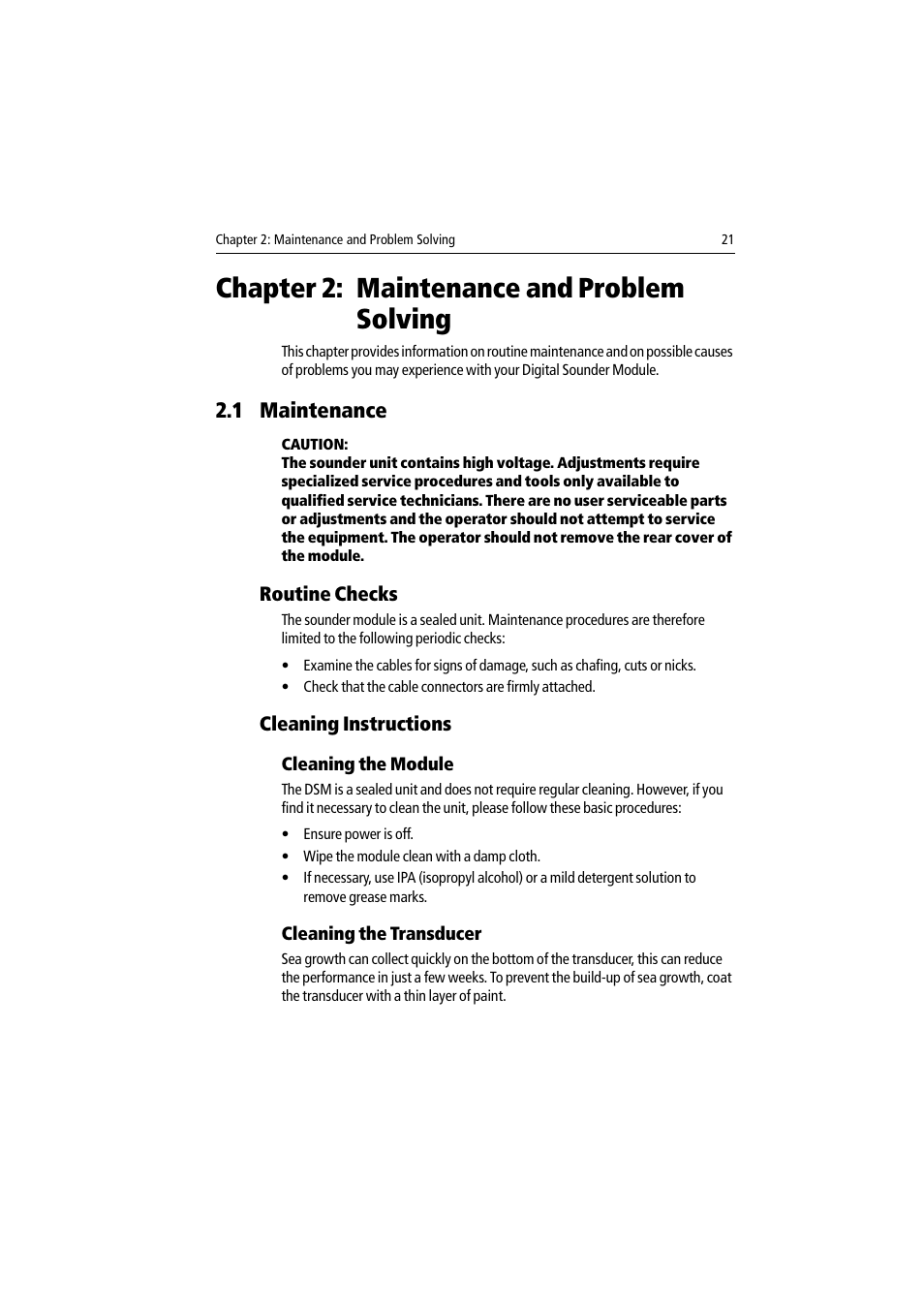 Chapter 2: maintenance and problem solving, 1 maintenance, Routine checks | Cleaning instructions, Cleaning the module, Cleaning the transducer, Routine checks cleaning instructions | Raymarine DSM30 User Manual | Page 21 / 34