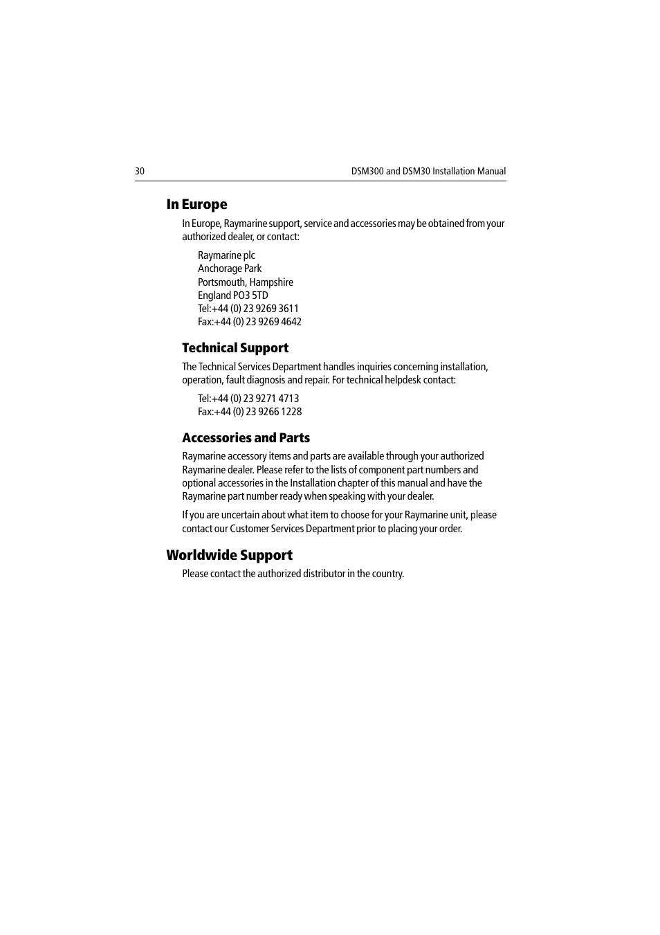 In europe, Technical support, Accessories and parts | Worldwide support, Technical support accessories and parts | Raymarine DSM30 User Manual | Page 30 / 34