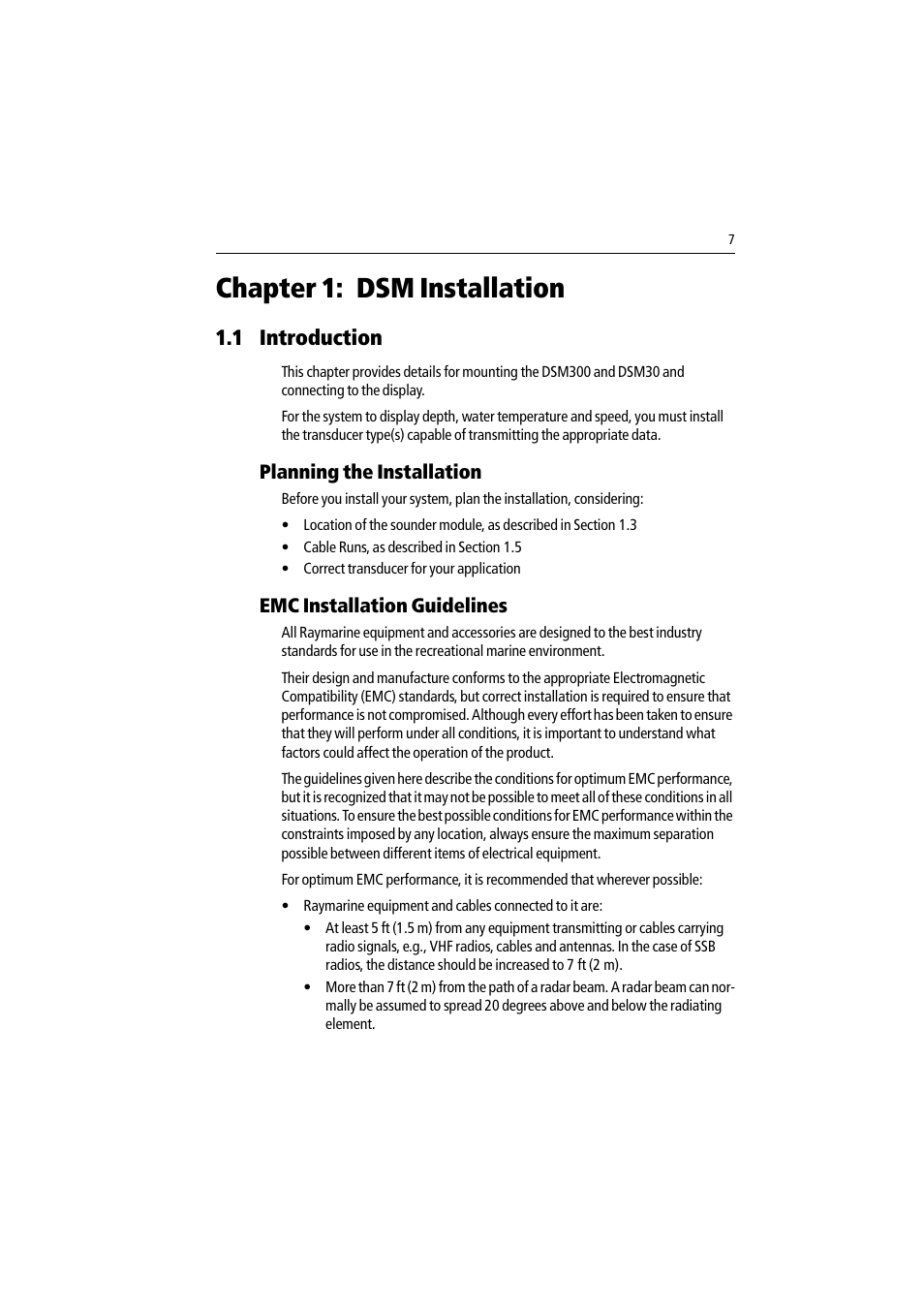 Chapter 1: dsm installation, 1 introduction, Planning the installation | Emc installation guidelines | Raymarine DSM30 User Manual | Page 7 / 34