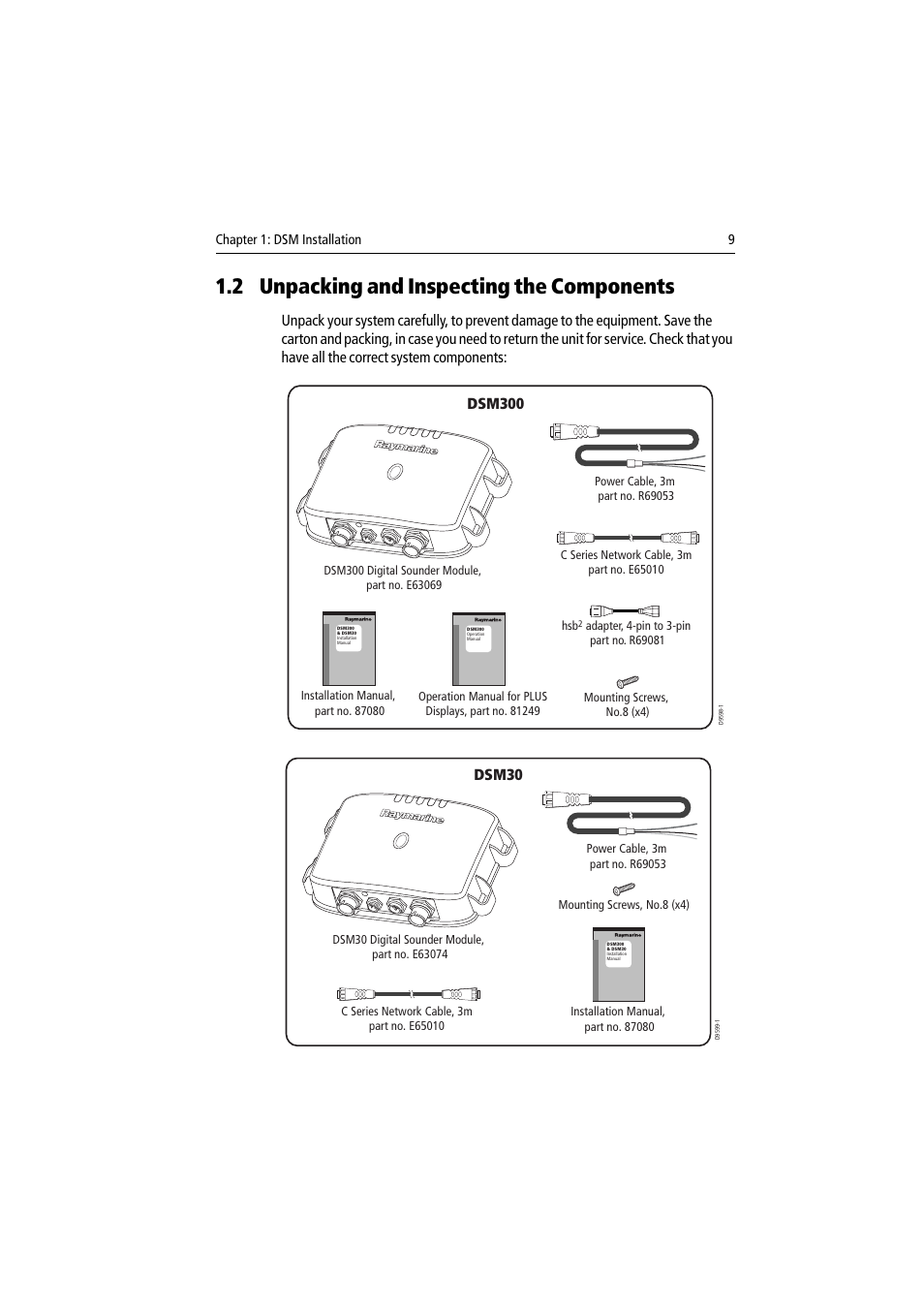 2 unpacking and inspecting the components, Dsm300, Dsm30 | Raymarine DSM30 User Manual | Page 9 / 34