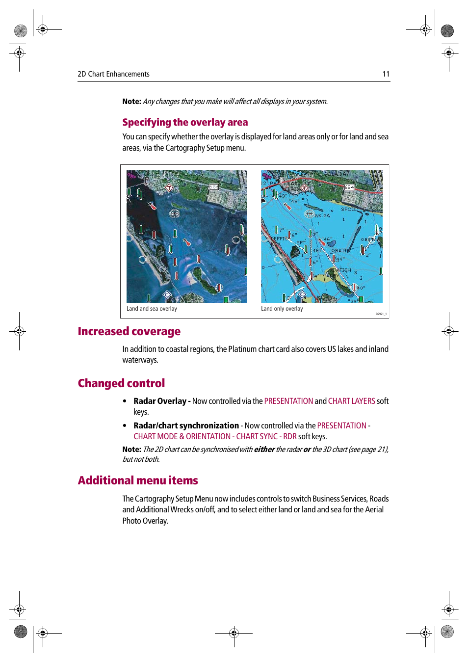 Increased coverage, Changed control, Additional menu items | Specifying the overlay area | Raymarine Platinum Chart Card User Manual | Page 15 / 29