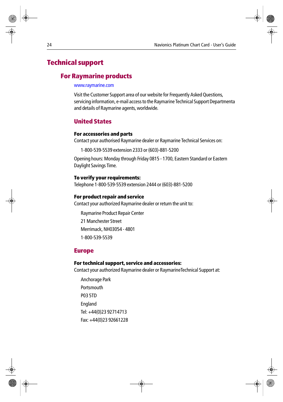 Technical support, For raymarine products | Raymarine Platinum Chart Card User Manual | Page 28 / 29