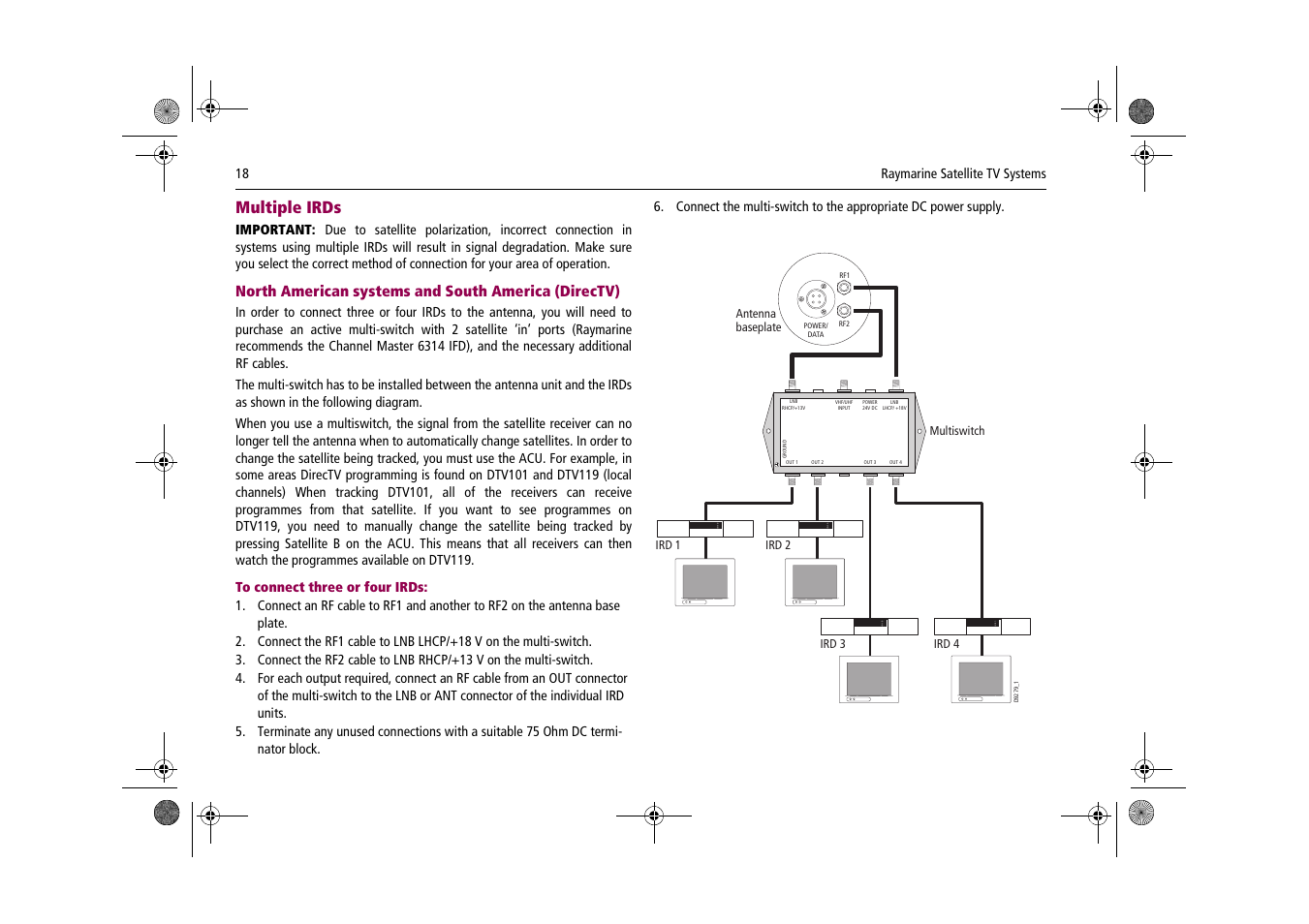 Multiple irds, North american systems and south america (directv) | Raymarine Satellite TV Systems User Manual | Page 22 / 78