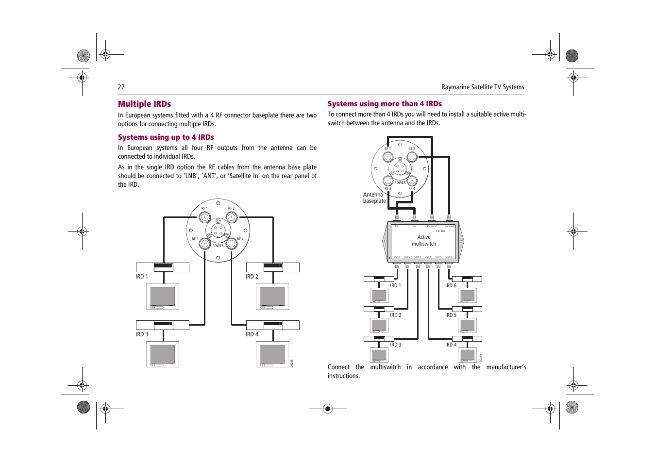 Multiple irds, Systems using up to 4 irds, Systems using more than 4 irds | 22 raymarine satellite tv systems | Raymarine Satellite TV Systems User Manual | Page 26 / 78