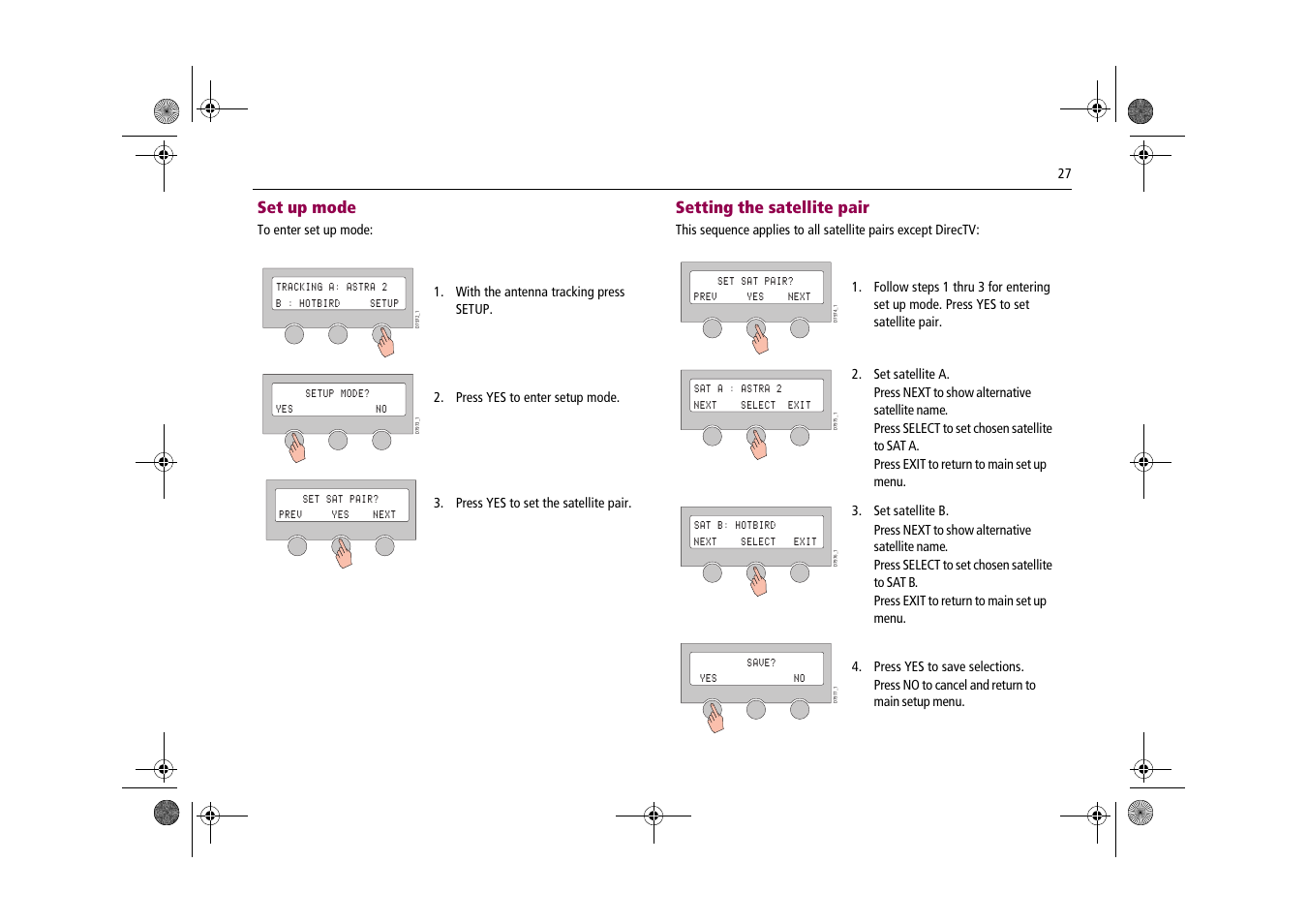 Set up mode, Setting the satellite pair | Raymarine Satellite TV Systems User Manual | Page 31 / 78