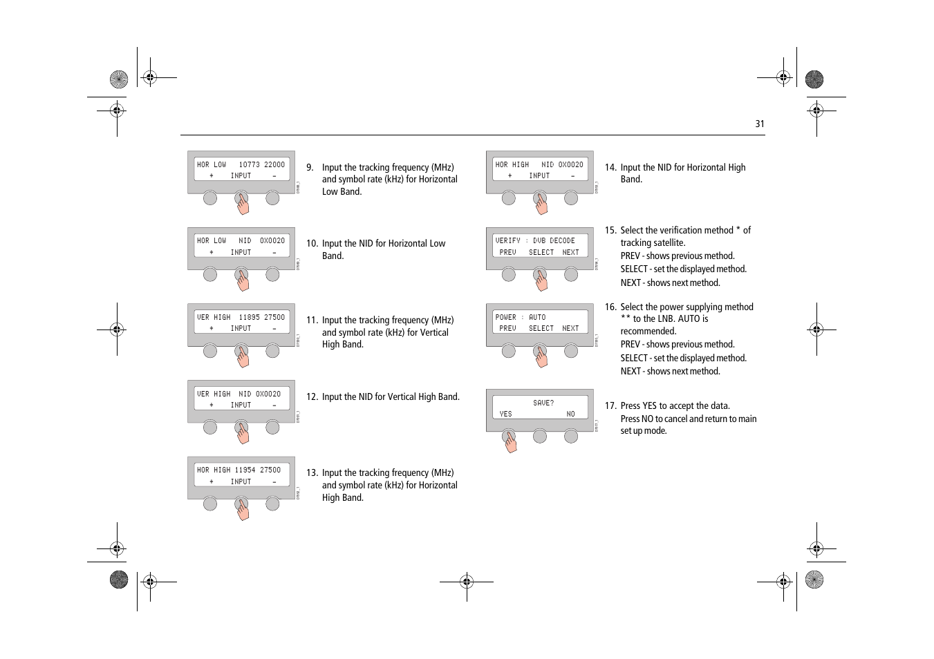 Input the nid for horizontal low band, Input the nid for vertical high band, Input the nid for horizontal high band | Raymarine Satellite TV Systems User Manual | Page 35 / 78