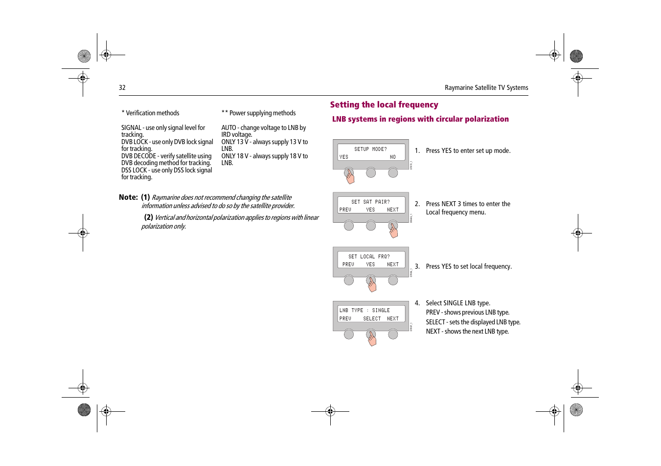 Setting the local frequency, Lnb systems in regions with circular polarization | Raymarine Satellite TV Systems User Manual | Page 36 / 78
