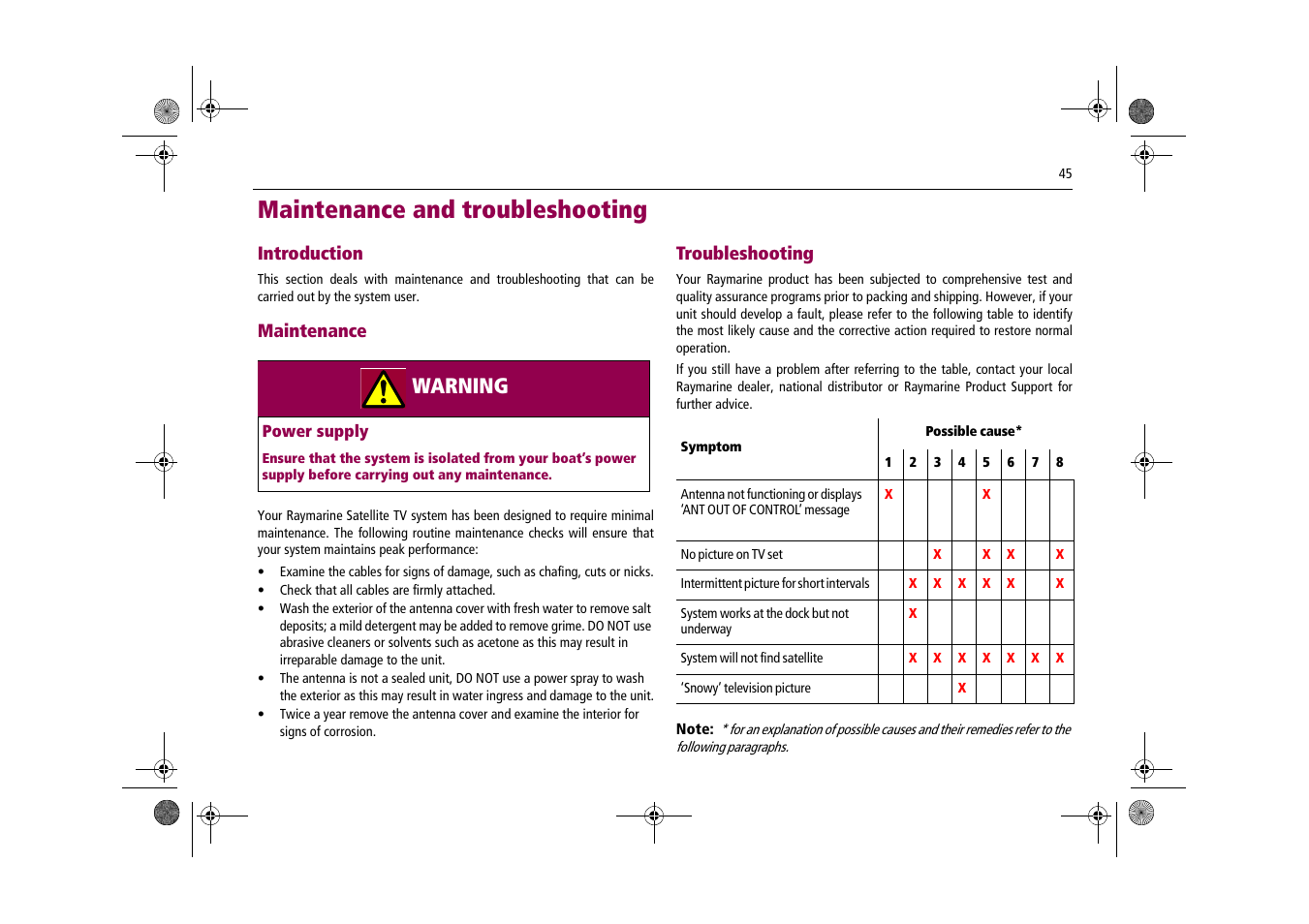 Maintenance and troubleshooting, Warning | Raymarine Satellite TV Systems User Manual | Page 49 / 78