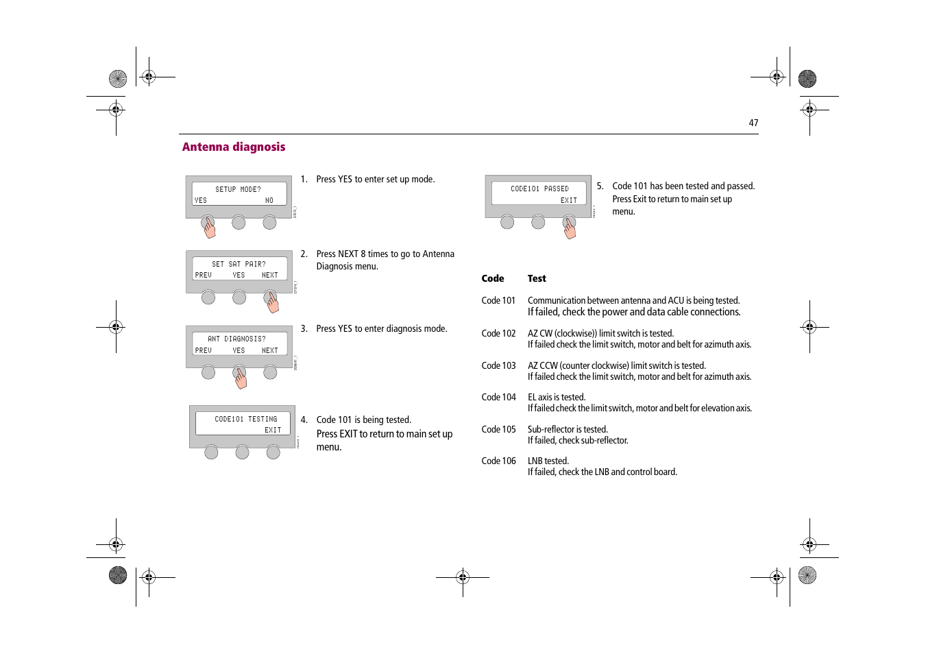 Antenna diagnosis, Press exit to return to main set up menu | Raymarine Satellite TV Systems User Manual | Page 51 / 78