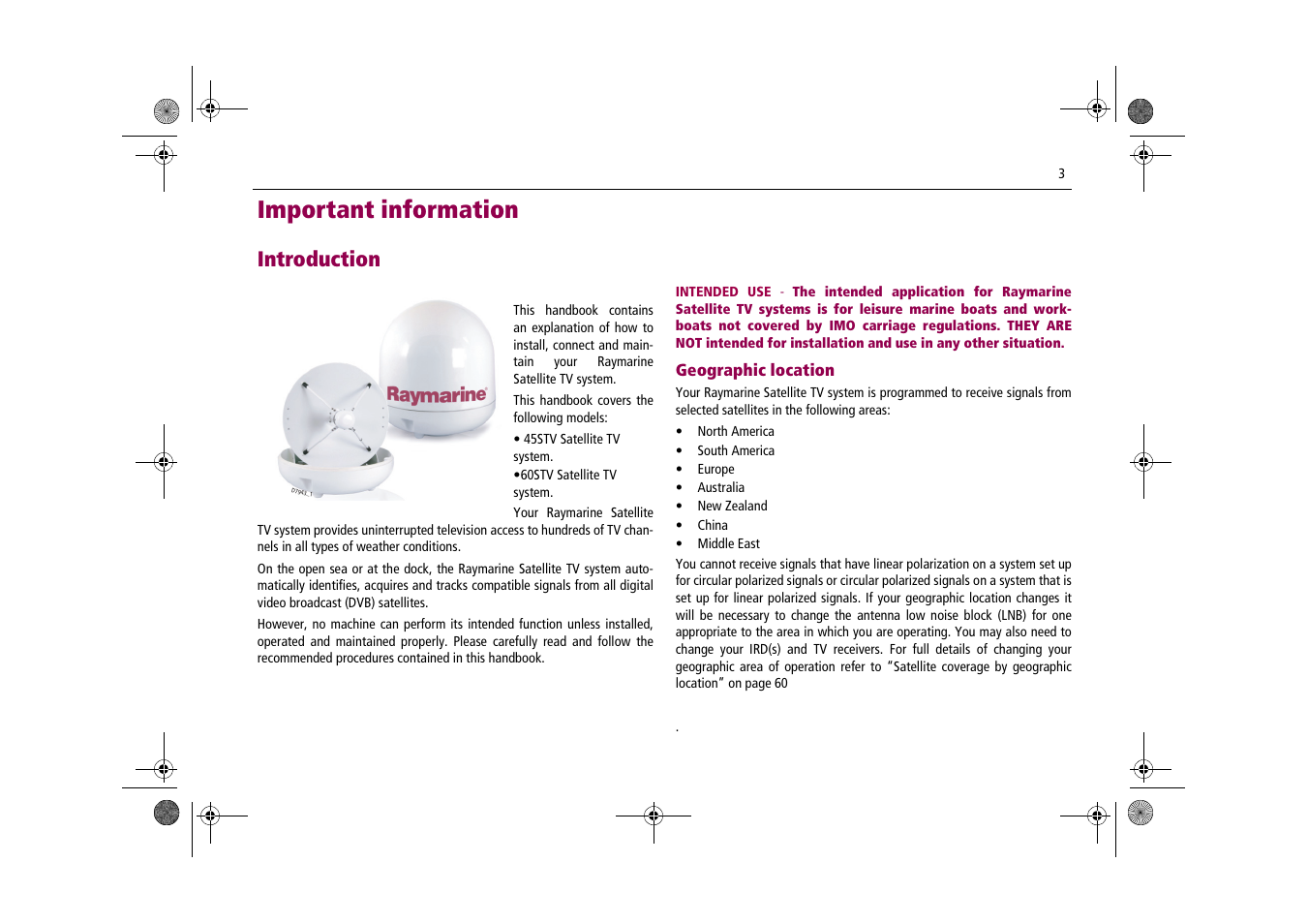 Important information, Introduction | Raymarine Satellite TV Systems User Manual | Page 7 / 78