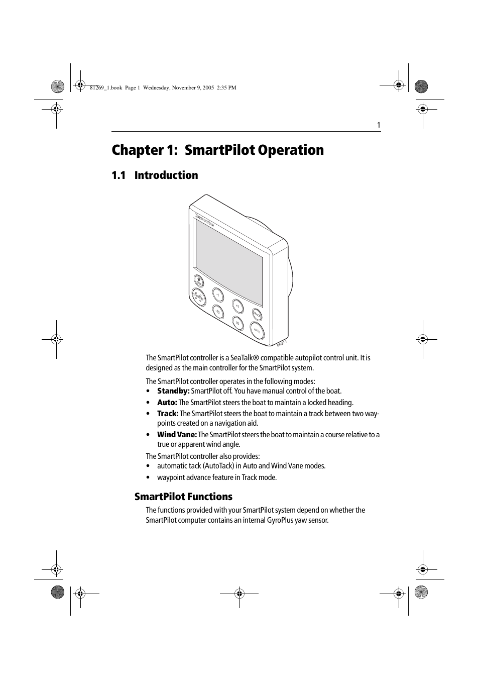 Chapter 1: smartpilot operation, 1 introduction, Smartpilot functions | Raymarine ST6002 User Manual | Page 11 / 56