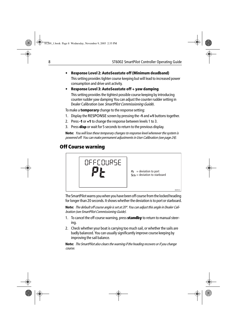 Off course warning | Raymarine ST6002 User Manual | Page 18 / 56