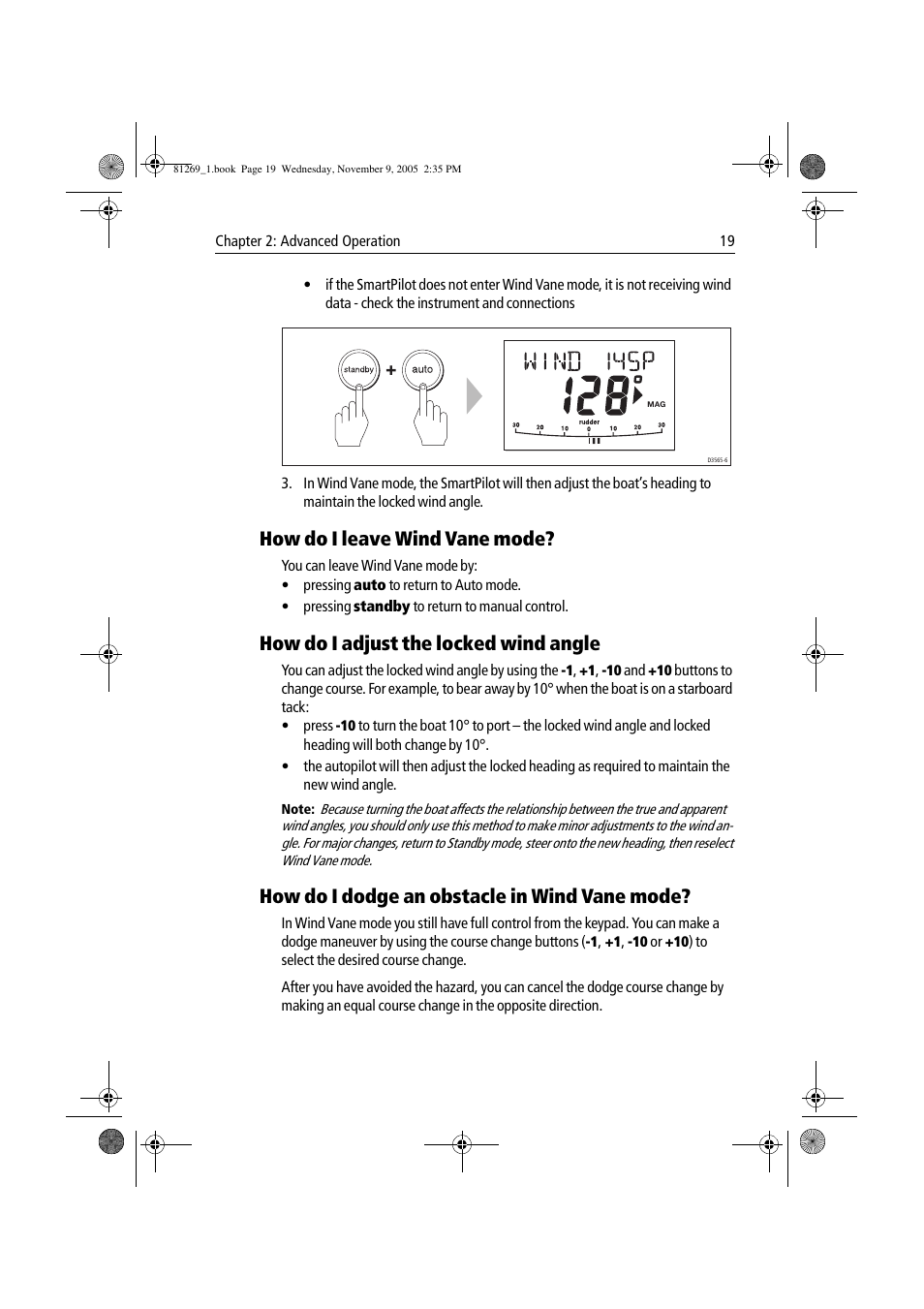 How do i leave wind vane mode, How do i adjust the locked wind angle, How do i dodge an obstacle in wind vane mode | Raymarine ST6002 User Manual | Page 29 / 56