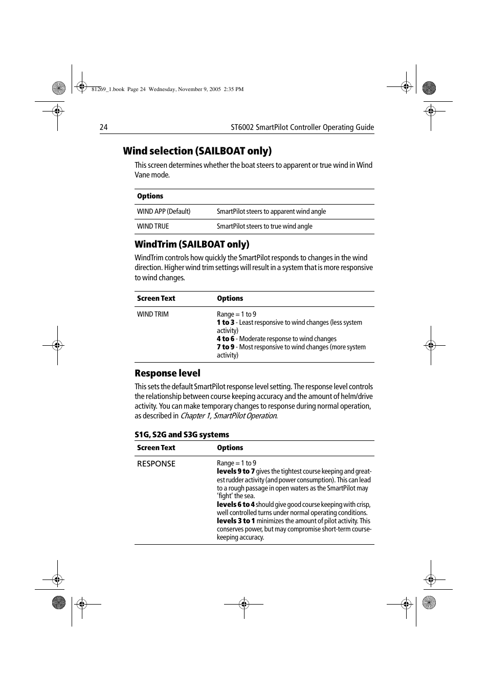 Wind selection (sailboat only), Windtrim (sailboat only), Response level | Raymarine ST6002 User Manual | Page 34 / 56