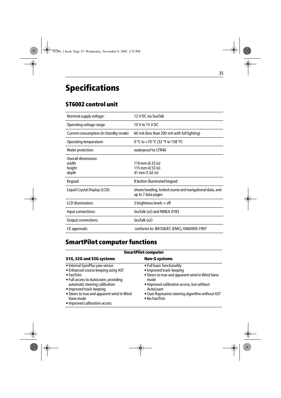 Specifications, Smartpilot computer functions, St6002 control unit | Raymarine ST6002 User Manual | Page 45 / 56