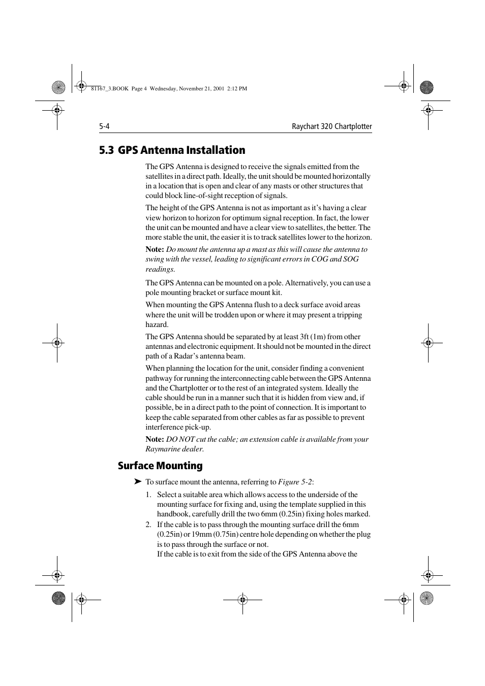 3 gps antenna installation, Surface mounting, 3 gps antenna installation -4 | Surface mounting -4 | Raymarine 320 User Manual | Page 103 / 139