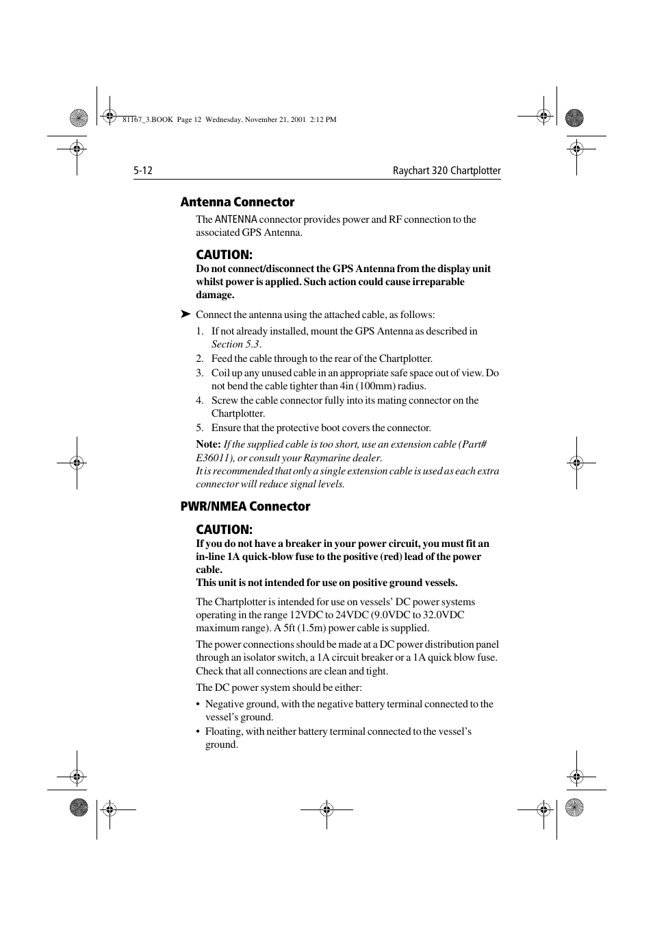 Antenna connector, Pwr/nmea connector, Caution | Pwr/nmea connector caution | Raymarine 320 User Manual | Page 111 / 139