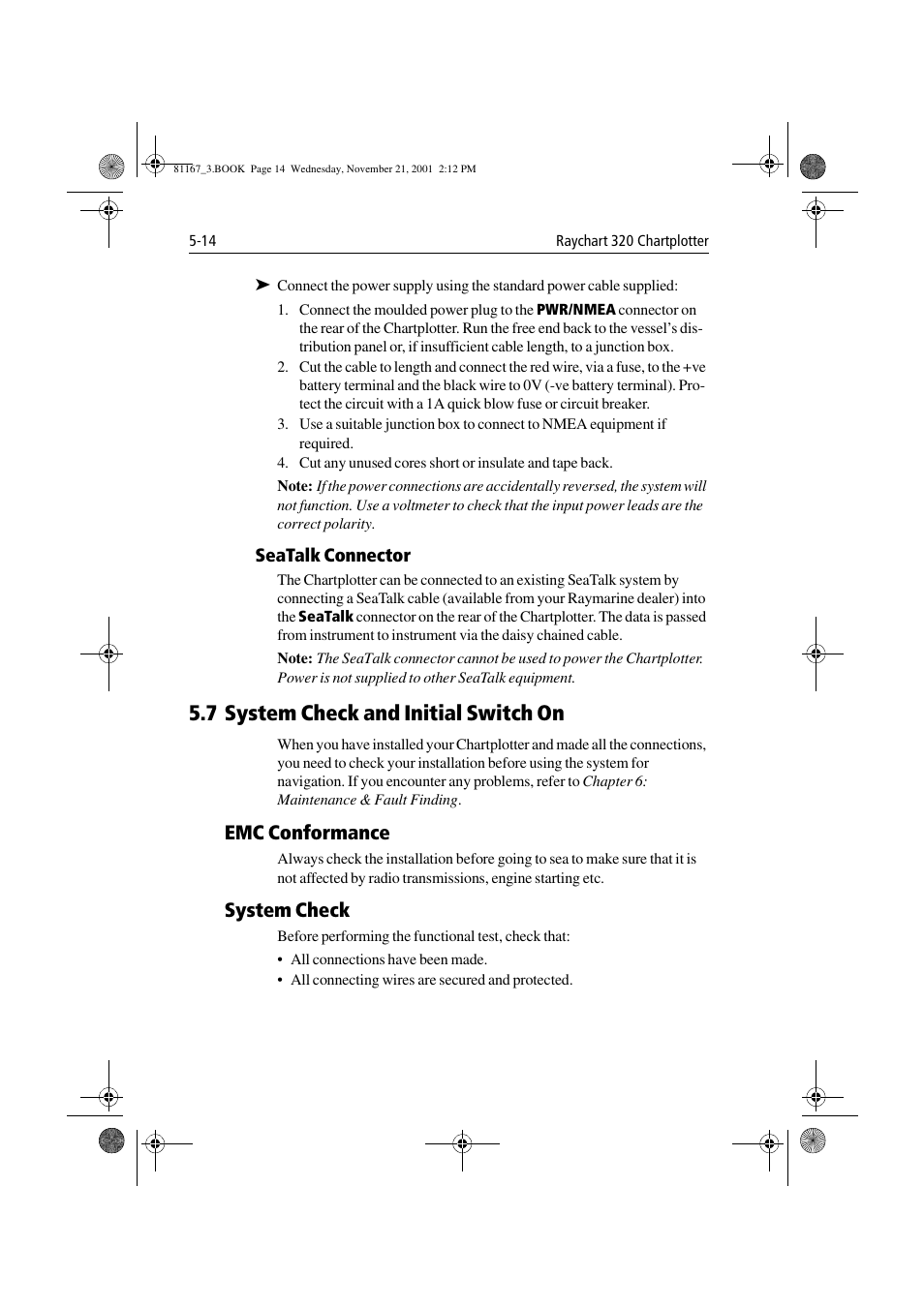Seatalk connector, 7 system check and initial switch on, Emc conformance | System check, 7 system check and initial switch on -14, Emc conformance -14 system check -14 | Raymarine 320 User Manual | Page 113 / 139