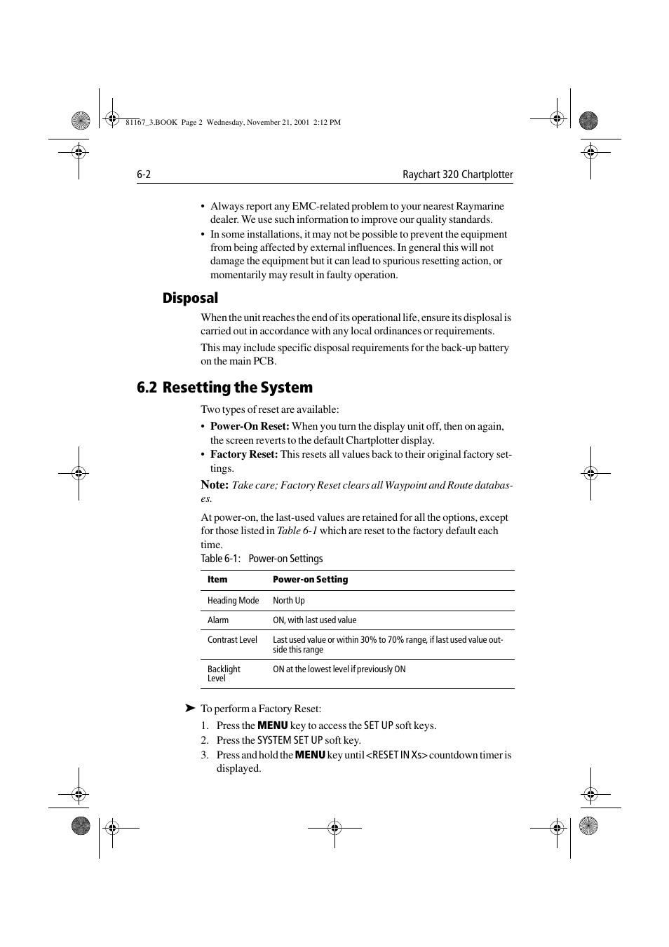 Disposal, 2 resetting the system, Disposal -2 | 2 resetting the system -2 | Raymarine 320 User Manual | Page 117 / 139