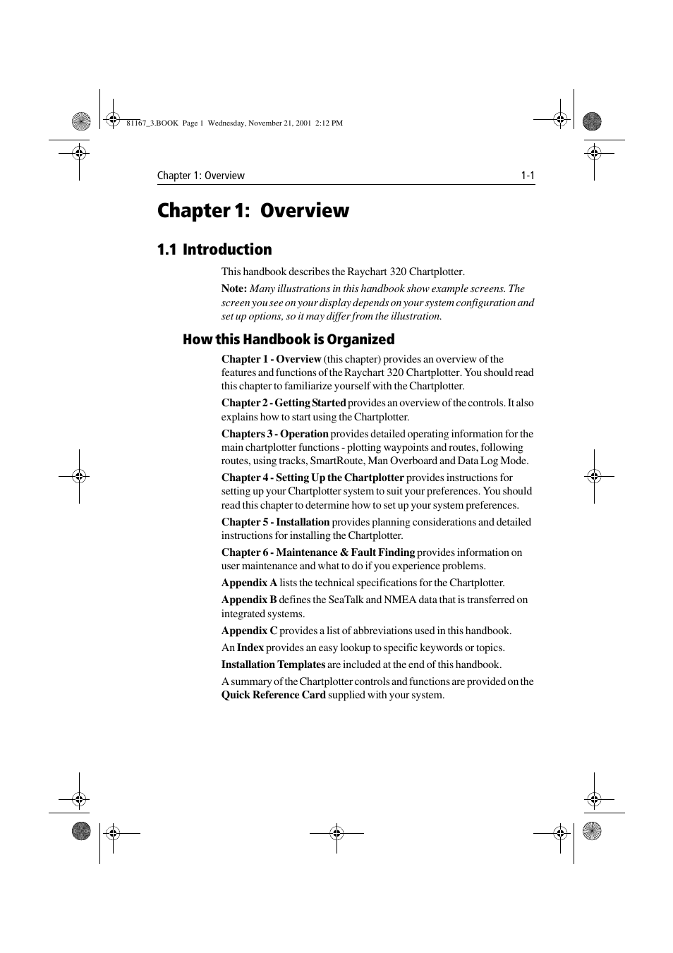 Chapter 1: overview, 1 introduction, How this handbook is organized | Chapter 1, Overview -1 1.1 introduction -1, How this handbook is organized -1 | Raymarine 320 User Manual | Page 12 / 139