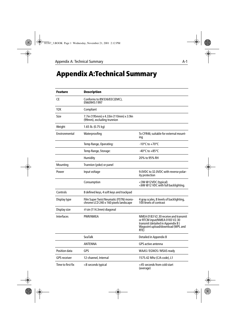 Appendix a: technical summary, Appendix a:technical summary | Raymarine 320 User Manual | Page 120 / 139