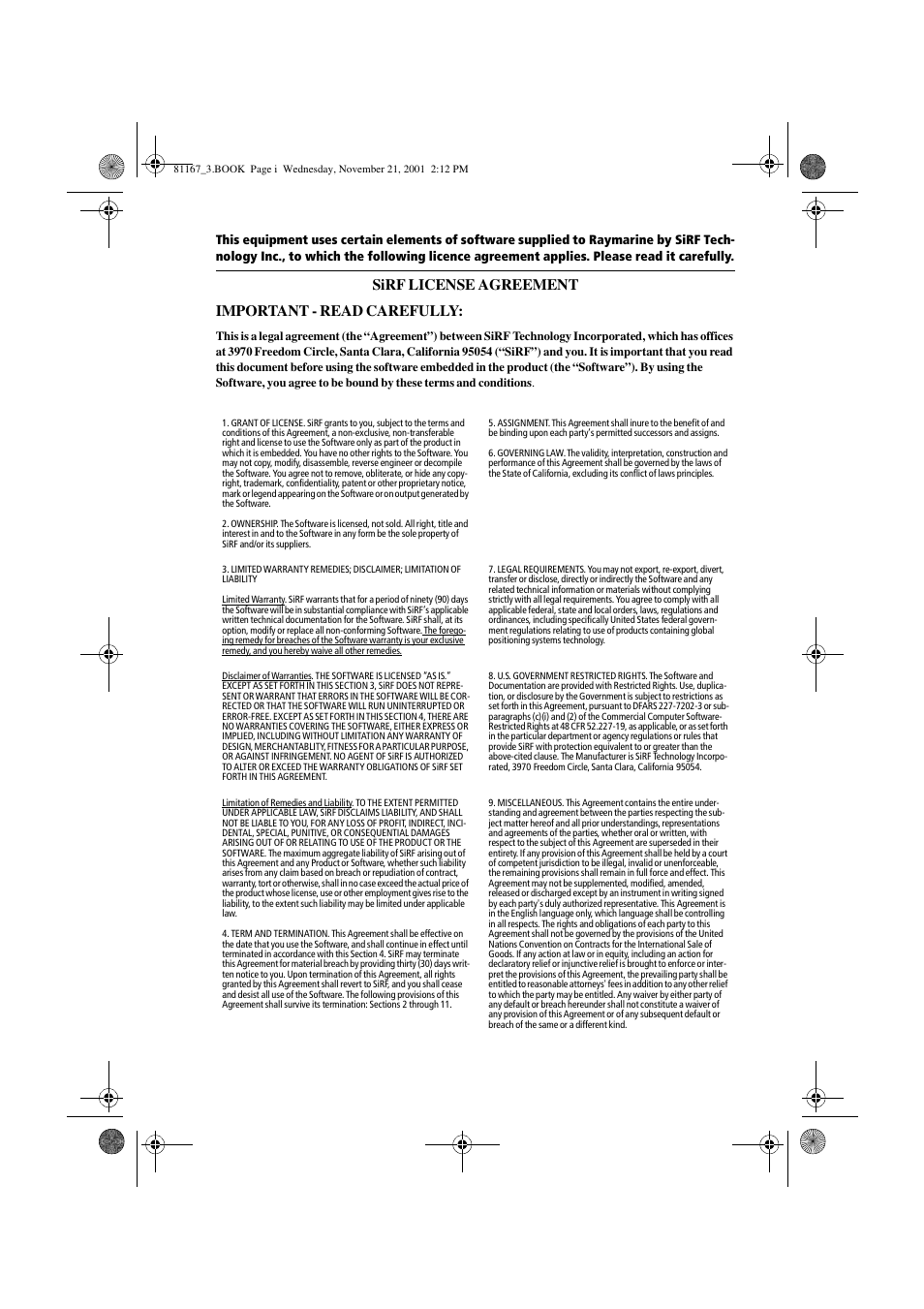 Sirf license agreement important - read carefully | Raymarine 320 User Manual | Page 132 / 139