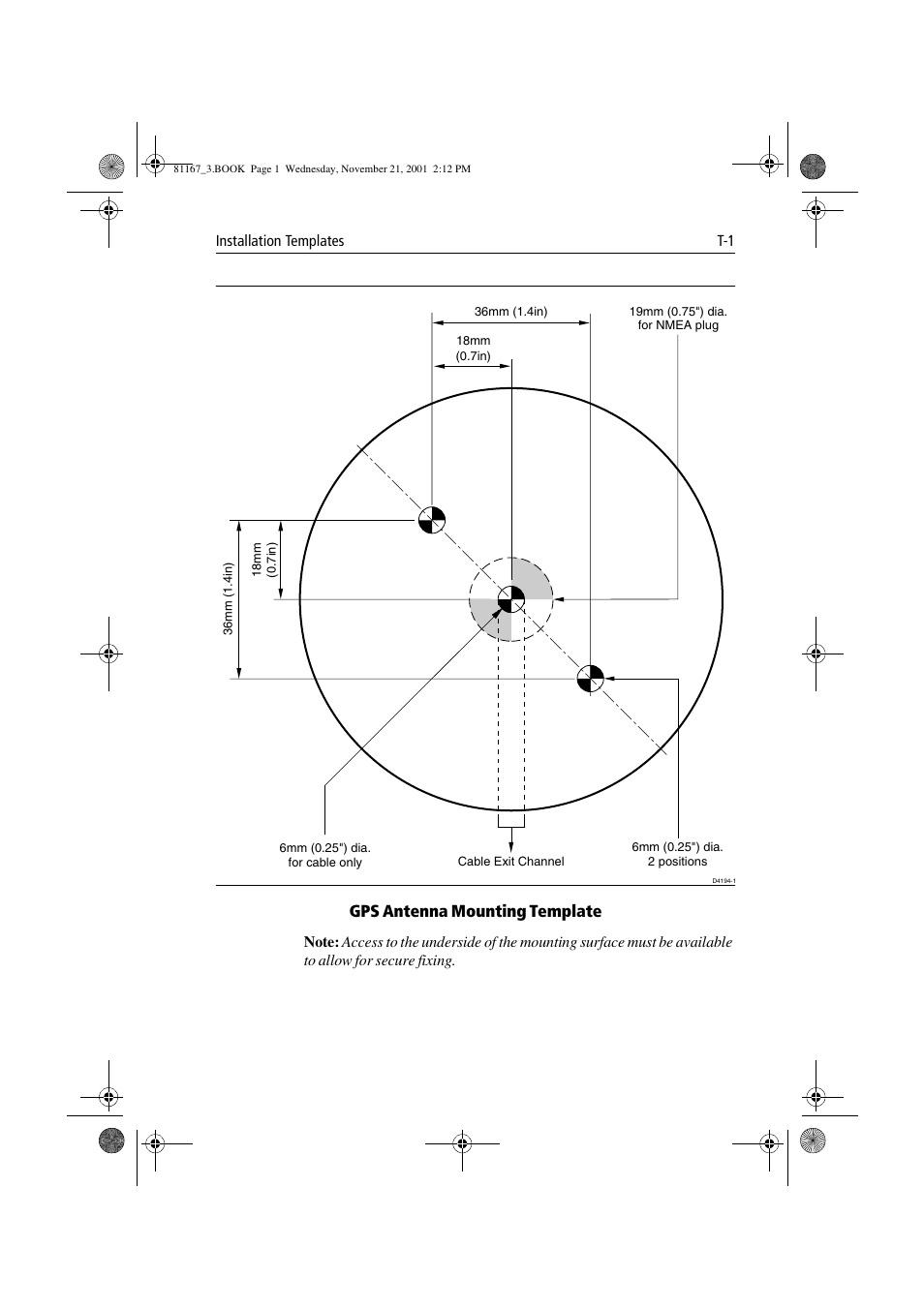 Gps antenna mounting template | Raymarine 320 User Manual | Page 134 / 139