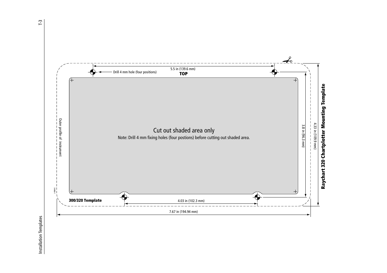 Raychart320chartplottermountingtemplate, Cut out shaded area only | Raymarine 320 User Manual | Page 136 / 139