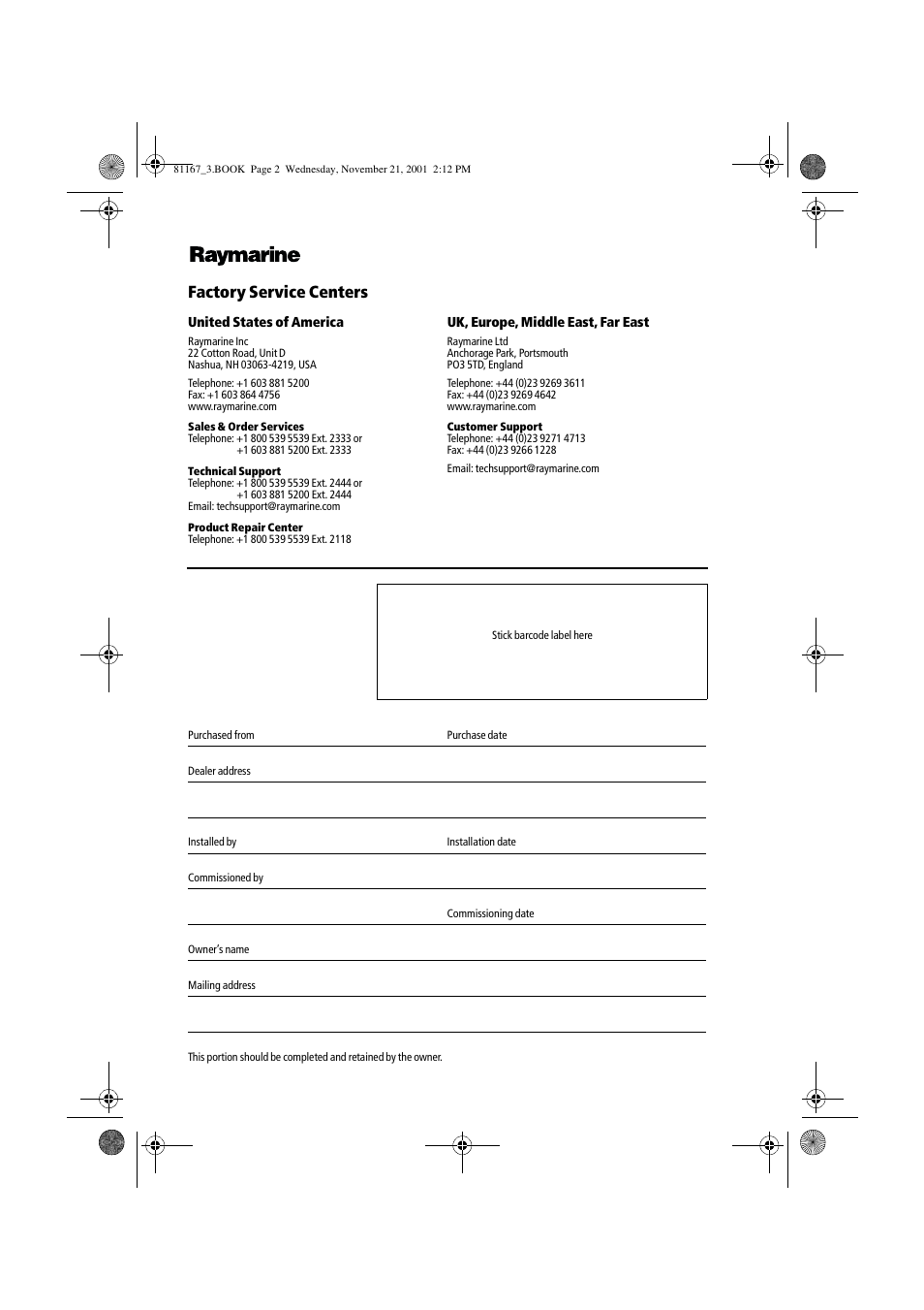 Factory service centers | Raymarine 320 User Manual | Page 139 / 139