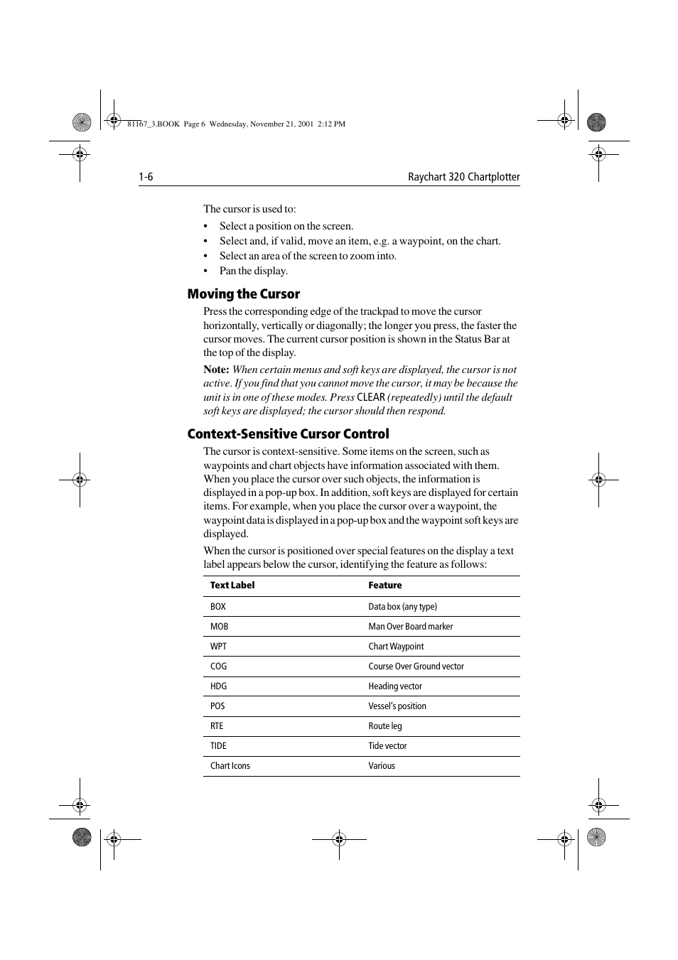 Moving the cursor, Context-sensitive cursor control | Raymarine 320 User Manual | Page 17 / 139