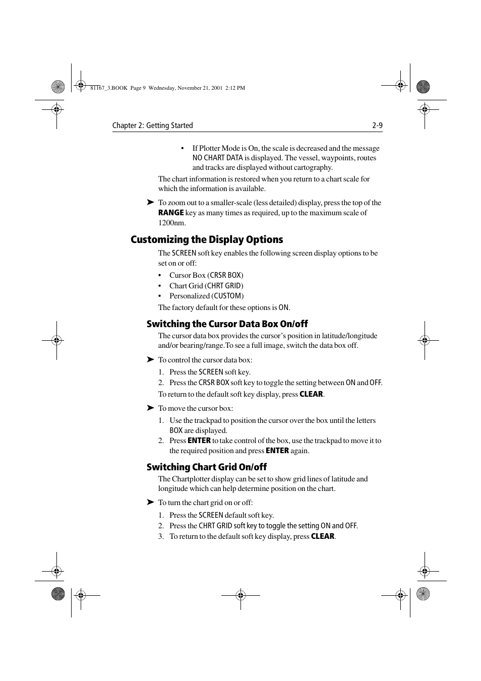 Customizing the display options, Switching the cursor data box on/off, Switching chart grid on/off | Customizing the display options -9 | Raymarine 320 User Manual | Page 28 / 139