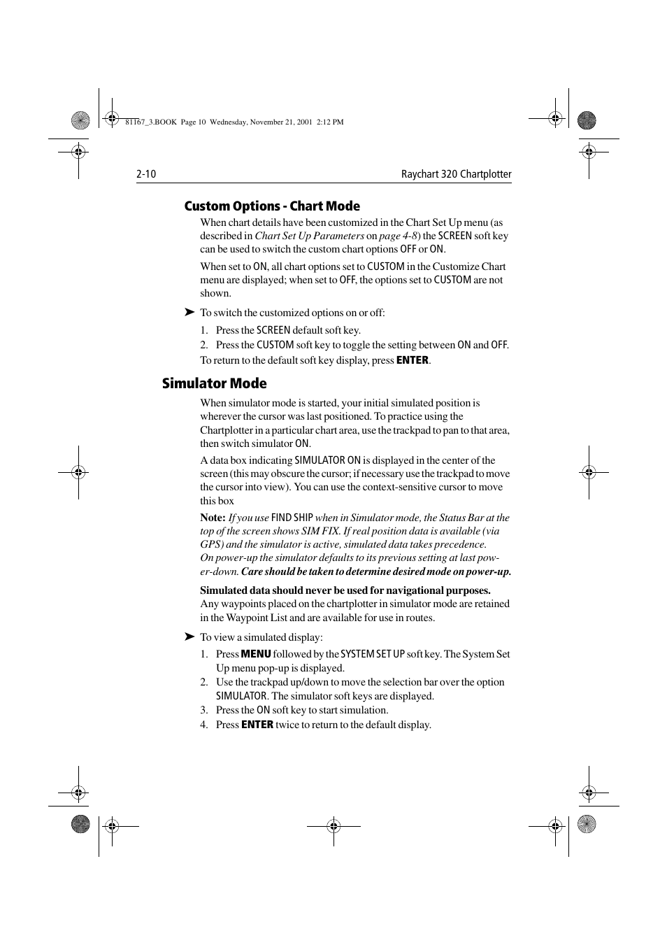 Custom options - chart mode, Simulator mode, Simulator mode -10 | Raymarine 320 User Manual | Page 29 / 139