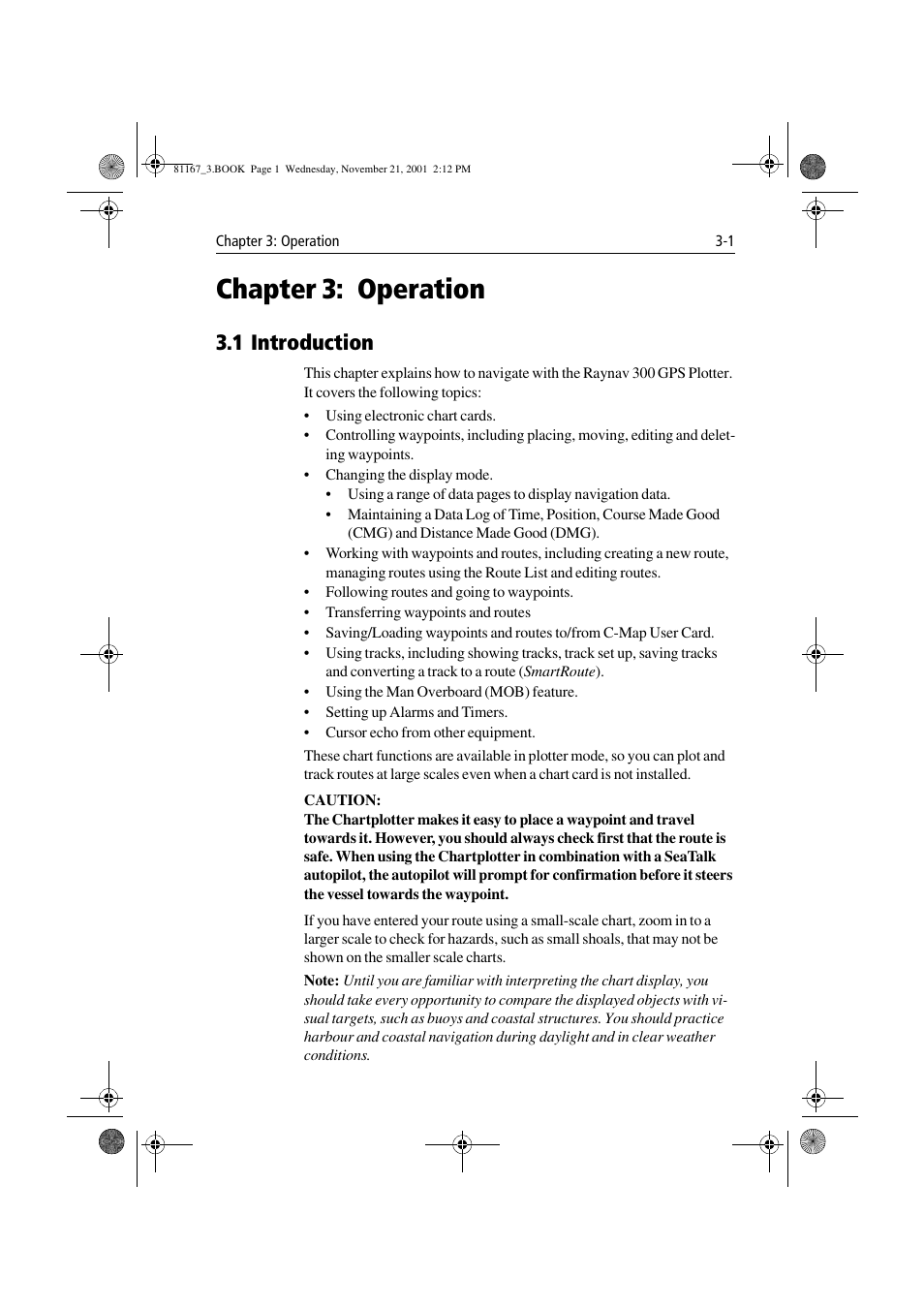 Chapter 3: operation, 1 introduction, Chapter 3 | Operation -1 3.1 introduction -1 | Raymarine 320 User Manual | Page 30 / 139