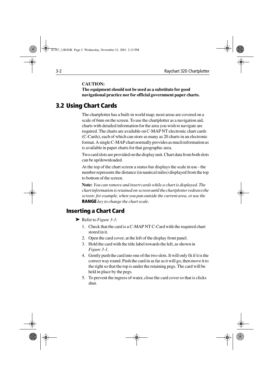 2 using chart cards, Inserting a chart card, 2 using chart cards -2 | Inserting a chart card -2 | Raymarine 320 User Manual | Page 31 / 139