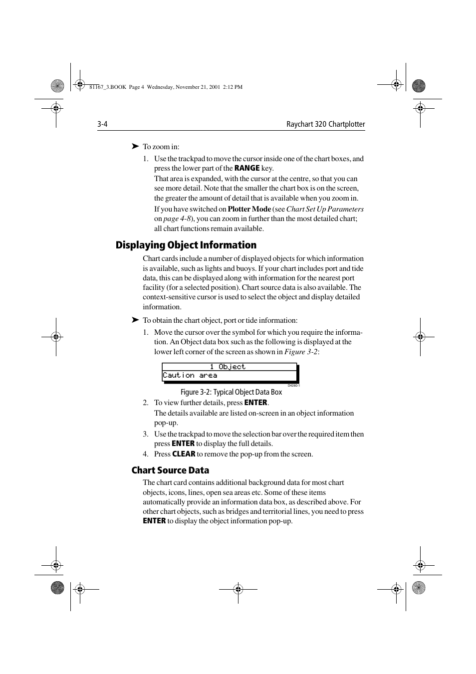 Displaying object information, Figure 3-2: typical object data box, Chart source data | Displaying object information -4 | Raymarine 320 User Manual | Page 33 / 139