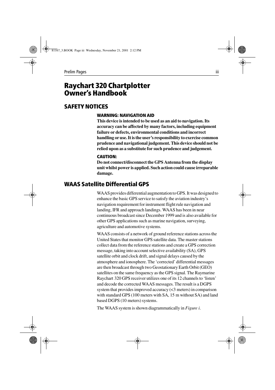 Raychart 320 chartplotter owner’s handbook, Safety notices, Waas satellite differential gps | Raymarine 320 User Manual | Page 4 / 139