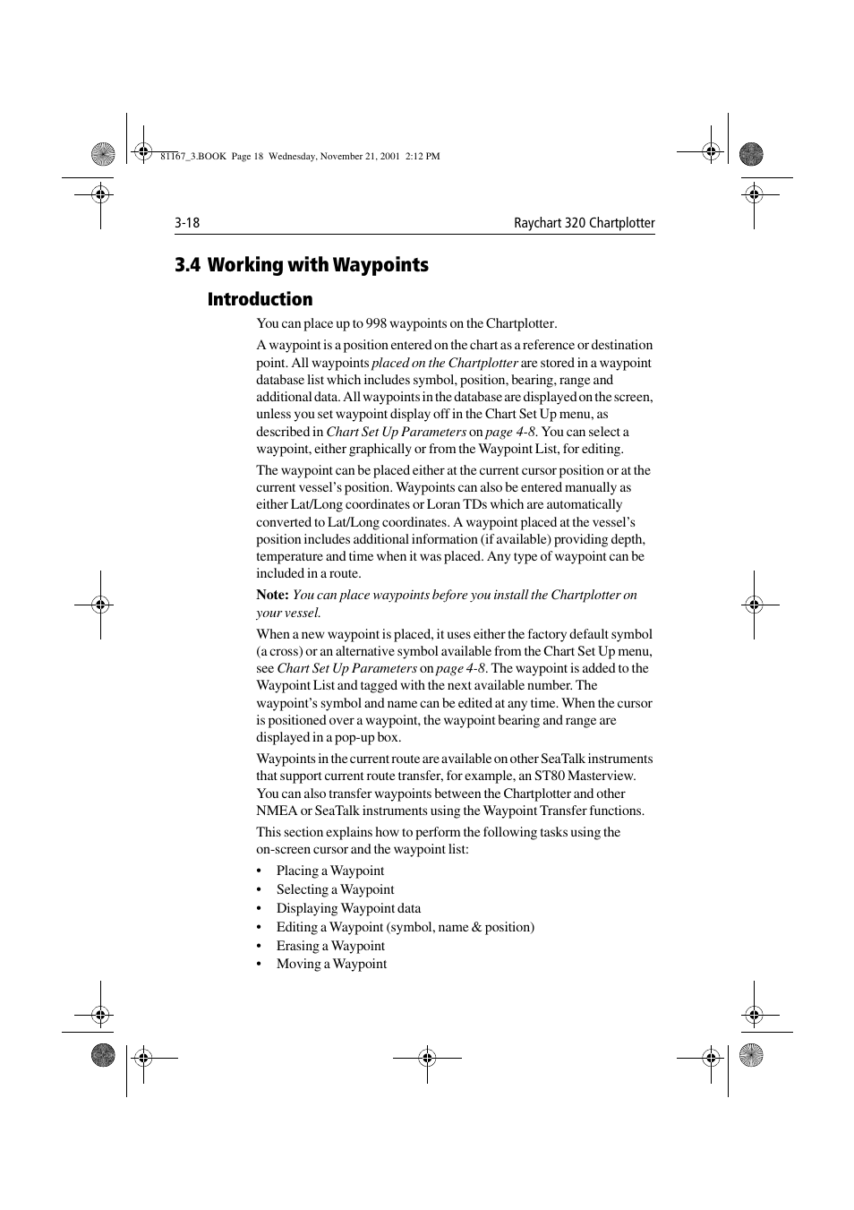 4 working with waypoints, Introduction, 4 working with waypoints -18 | Introduction -18 | Raymarine 320 User Manual | Page 47 / 139
