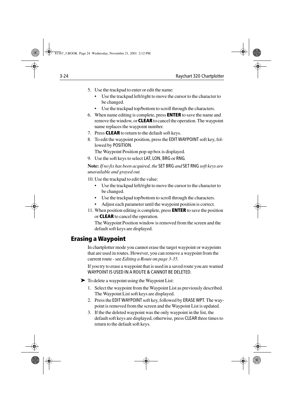 Erasing a waypoint, Erasing a waypoint -24 | Raymarine 320 User Manual | Page 53 / 139